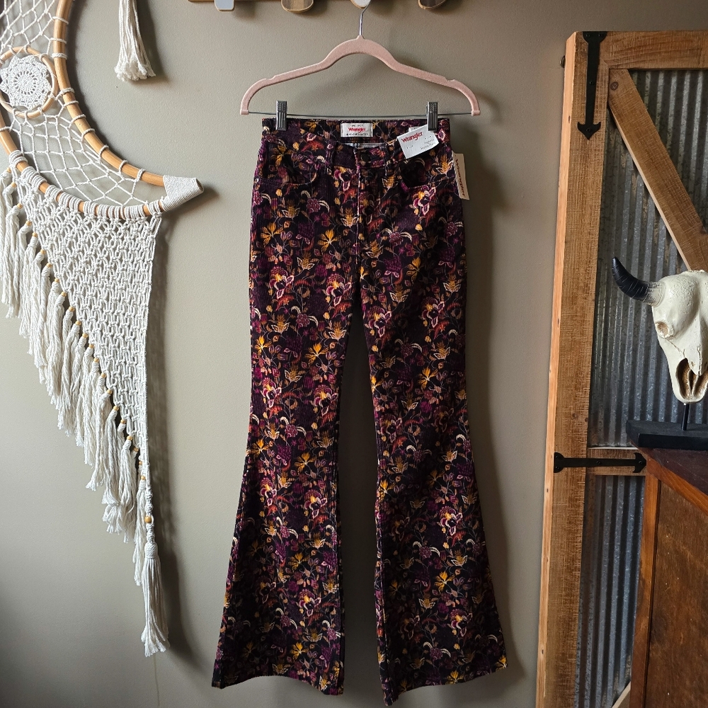 Wrangler High-Rise Fierce Flare Floral Printed Corduroy Jeans Nwt - Picture 2 of 8